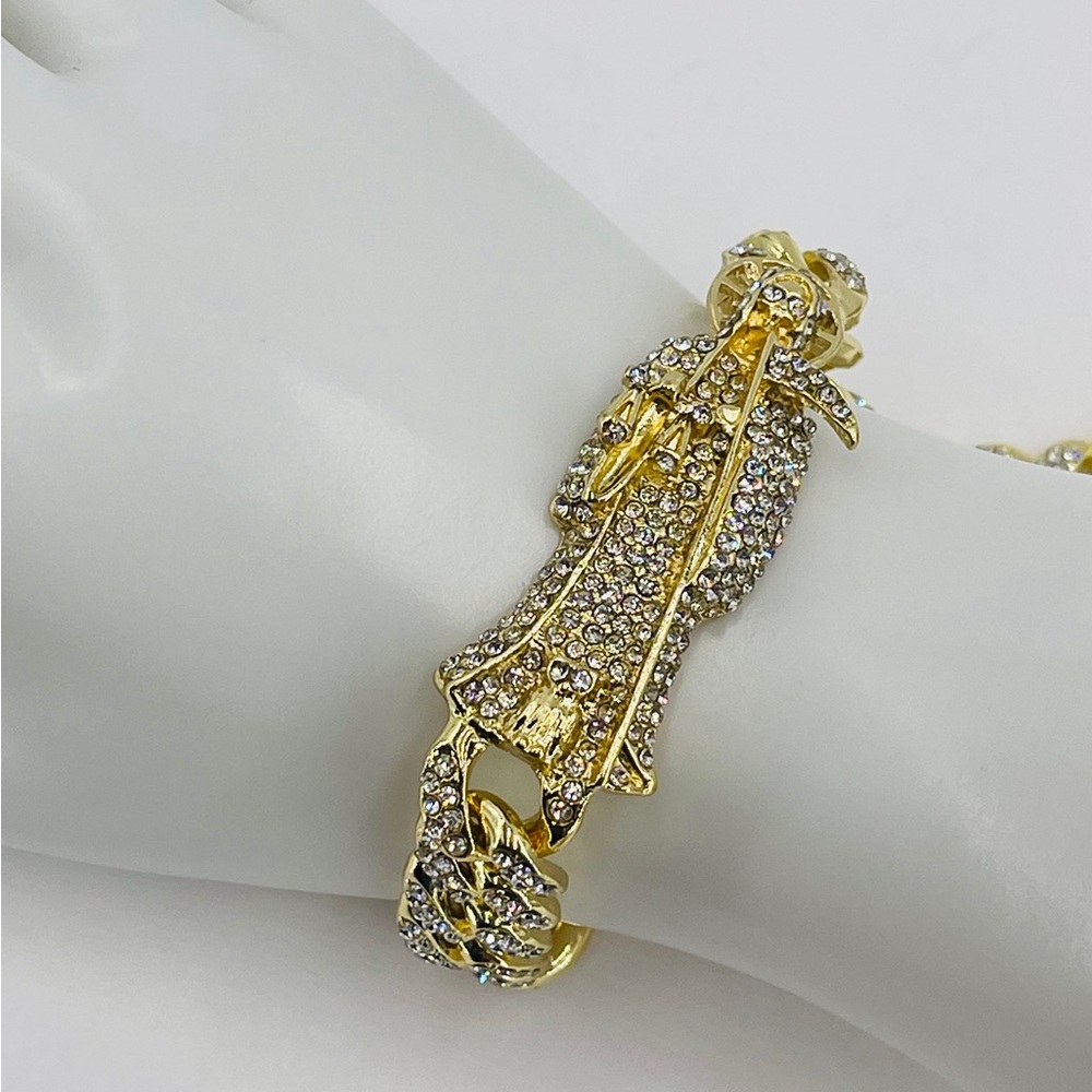 Grim Reaper Bracelet Full of Stones Luxurious GOLD PLATED/pulsera Santa Muerte - Picture 9 of 10